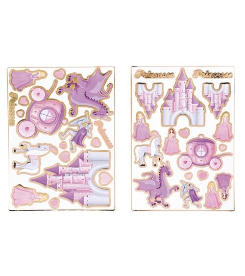 Schöne Märchen-Sticker in Rosa und Lila mit Goldakzenten und verschiedenen Motiven wie Prinzessinnen, Ritter, Schloss, Herzen und Drachen. Inhalt: 35 Sticker