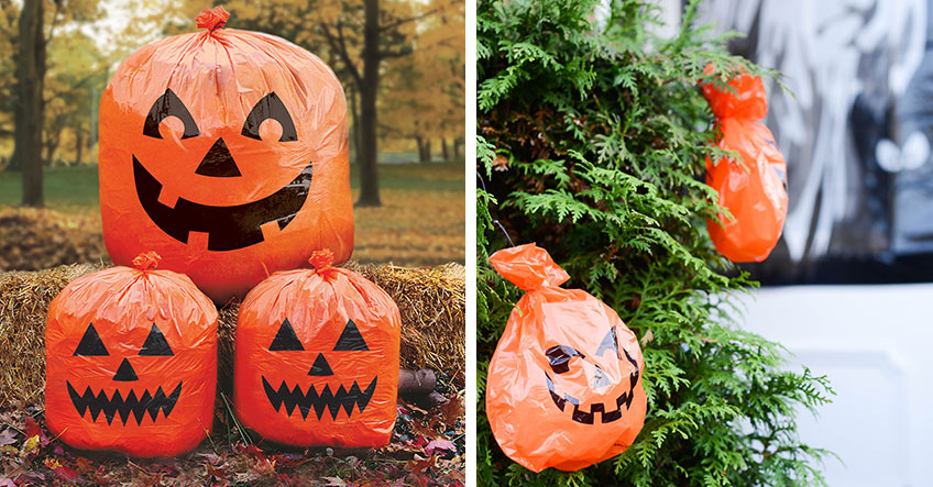 Halloween-Laubsäcke im Kürbisformat befreien den Garten von Laub und geben tolle Deko ab