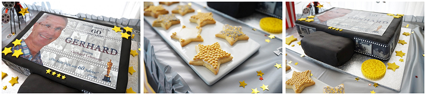 Auf dem oscarverdächtigen Sweet Table finden wir eine tolle Filmtorte und Hollywood Star Cookies