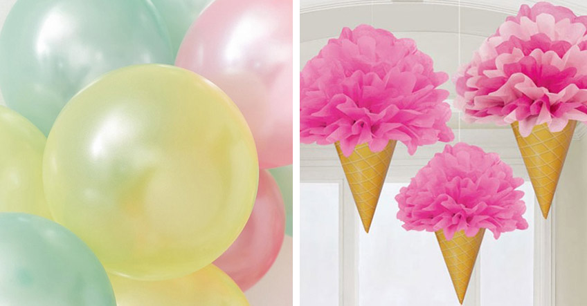 Eiswaffel-Pom-Poms und Luftballons - schmücke deine Eisparty bunt
