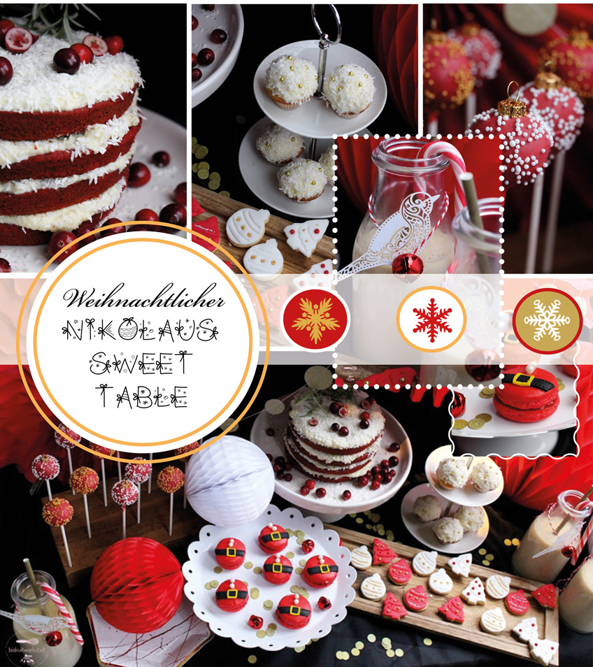 Der leckere Sweet Table mit weißen und roten Highlights sieht richtig weihnachtlich aus