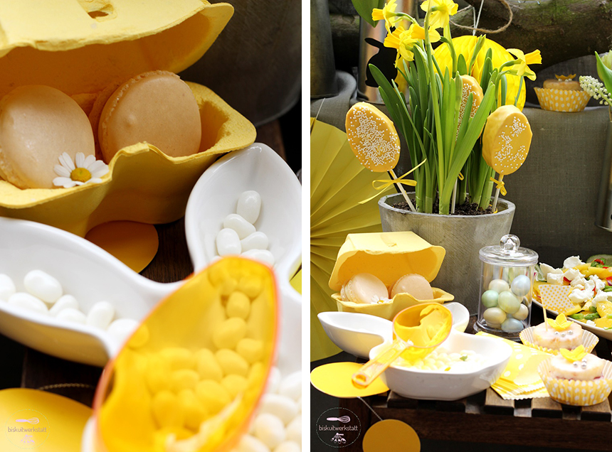 Der osterliche Sweet Table in Gelb - mit gelber Bonbonschaufel
