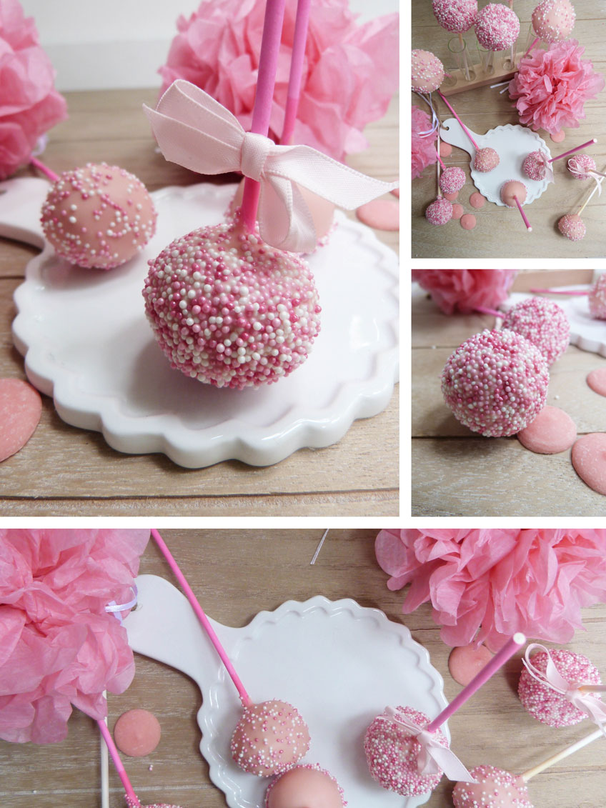 Rosa Cake Pops im Perlenkleid mit romantischer Dekoration
