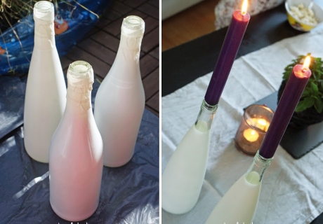 Gut platziert sind Kerzen zu Halloween in der selbstgemachten Flaschen-Deko auf jeden Fall