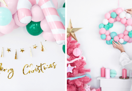 Rosarote Weihnachtsdeko mit Ballongirlande mit Motivballons und Adventskranz aus Luftballons